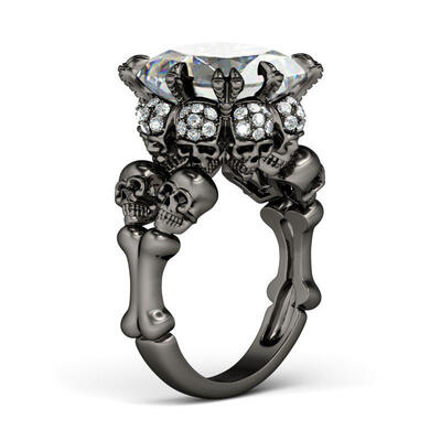 Jeulia  Black Tone Princess Cut Sterling Silver Skull Ring