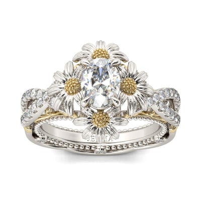 Jeulia Two Tone Daisy Twist Oval Cut Sterling Silver Ring