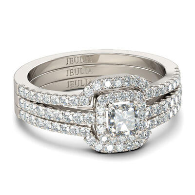 Jeulia 3PC Halo Sterling Silver Ring Set