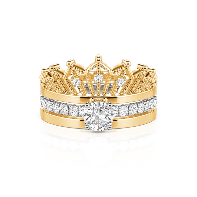 Jeulia Two Tone Crown Round Cut Sterling Silver Ring set