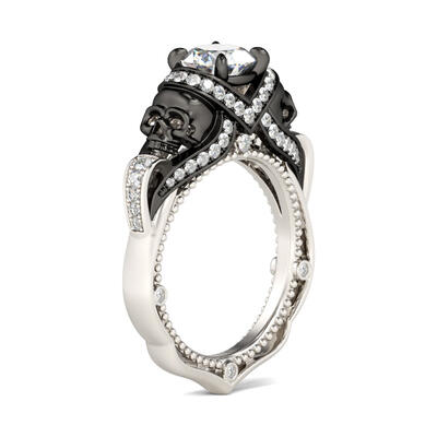 Jeulia Two Tone Round Cut Milgrain Sterling Silver Skull Ring