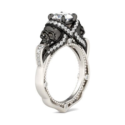 Jeulia Two Tone Round Cut Milgrain Sterling Silver Skull Ring