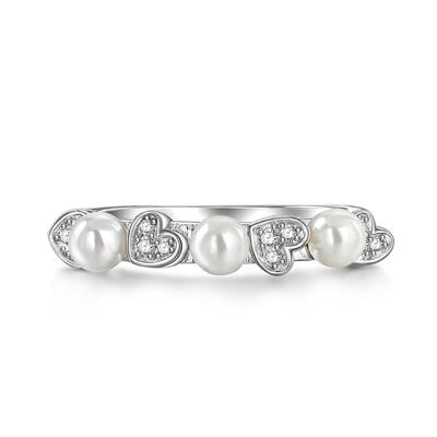 Jeulia "Rolling Heart" White Pearl Women Wedding Band Sterling Silver
