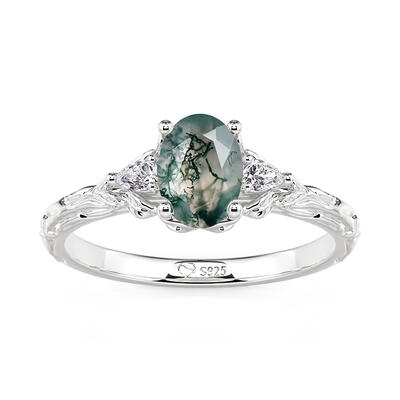 Jeulia Three Stone Moss Agate Wedding Ring