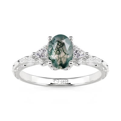 Jeulia Anillo de Boda Tres Piedras de Ágata Musgo