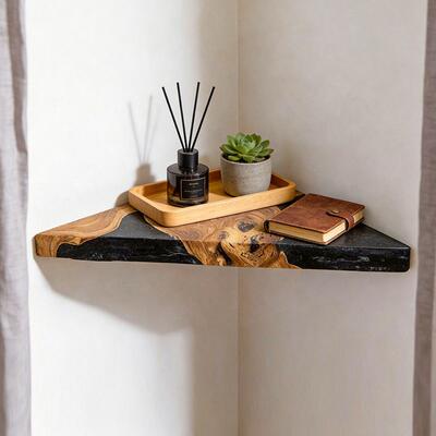Minimalist Triangular Floating Corner Shelf: Reslol Resin & Burl Wood Wall Mount