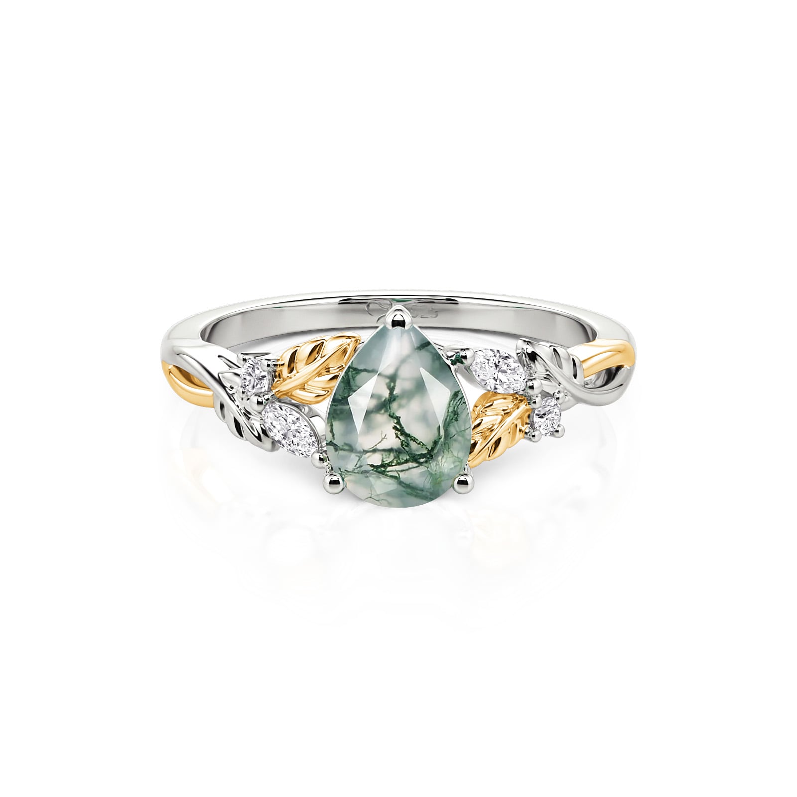 Jeulia Two Tone Pear Cut Moss Agate Leaf Engagement Ring