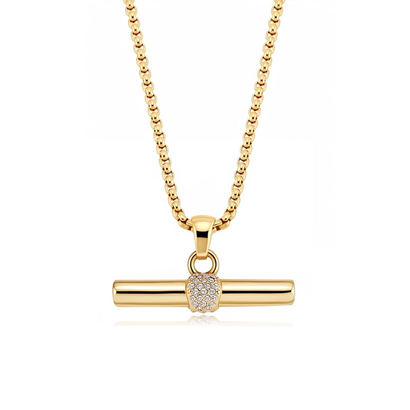 Jeulia "Andy" Style Gold Pave T-Bar Necklace with Box Chain