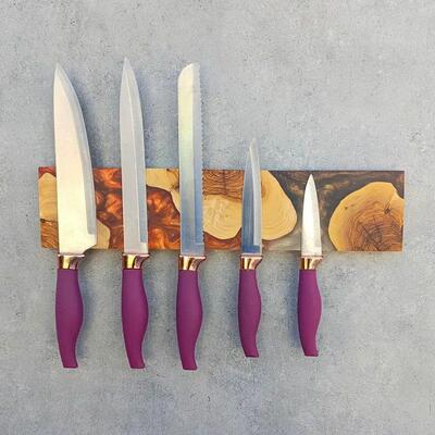 Elegant Black-Brown Resin Wood Magnetic Knife Holder - Artisanal Wall-Mounted Gift