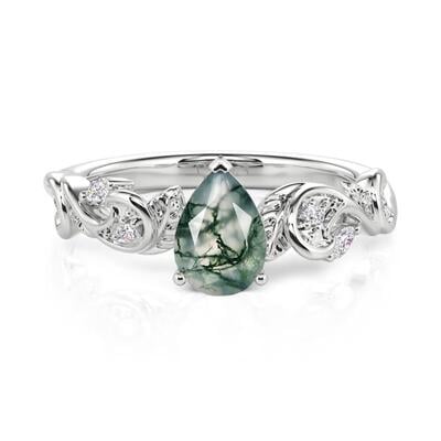 Jeulia Leaf Pear Cut Moss Agate Engagement Ring Sterling Silver