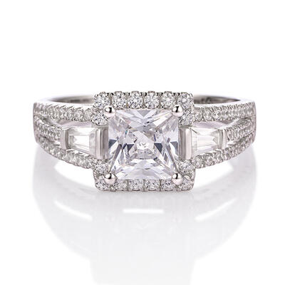 Jeulia Halo Princess Cut Sterling Silver Ring