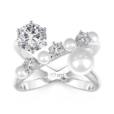 Jeulia Crossover Round Cut Pearl Ring for Women Sterling Silver
