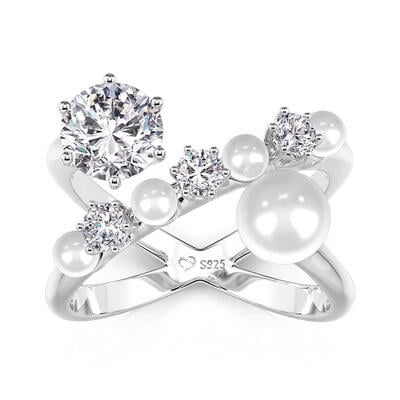 Jeulia Crossover Round Cut Pearl Ring for Women Sterling Silver