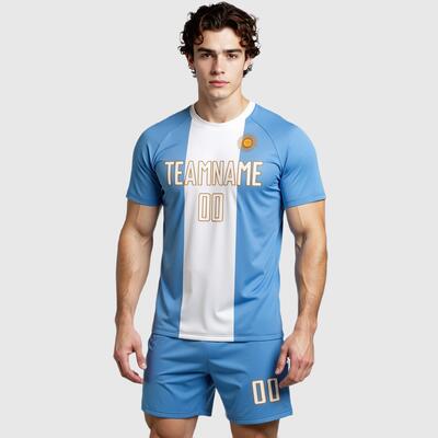 Custom Light Blue White-Old Gold Sublimation Argentinian Flag Soccer Uniform Jersey