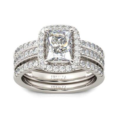 Jeulia Halo Radiant Cut Sterling Silver Enhancer Ring Set