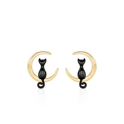 Jeulia Black Cat and Moon Gold Stud Earrings