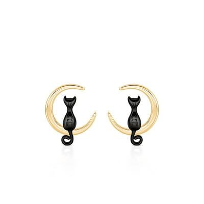 Jeulia Pendientes de Botón Gato Negro y Luna Dorado