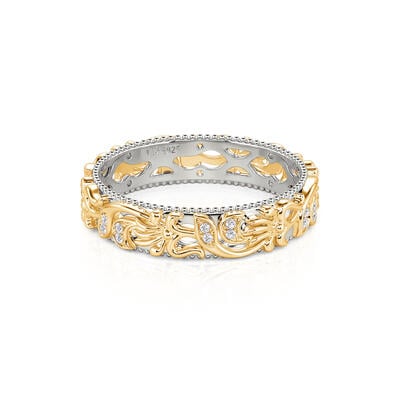 Jeulia Two Tone Floral and Leaf Carved Unique Sterling Silver Women's Band