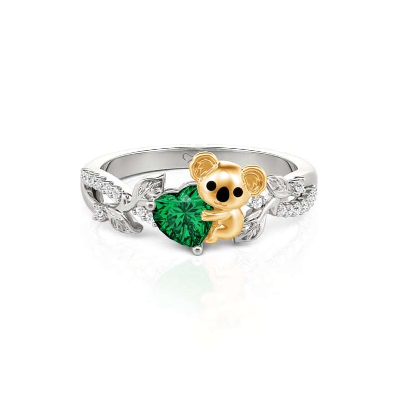 Jeulia Hug Me Custom Koala Hugging Heart Birthstone Leaf Ring