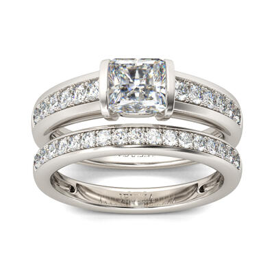 Jeulia Tension Set Princess Cut Sterling Silver Ring Set