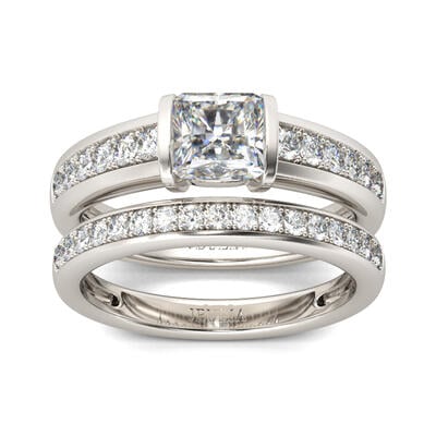 Jeulia Tension Set Princess Cut Sterling Silver Ring Set