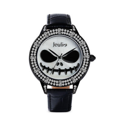 Jeulia "Master of Fright" Skull Design Quartz Black Leather Watch with Mother-of-Pearl Dial