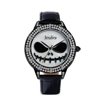 Jeulia "Master of Fright" Skull Design Quartz Black Leather Watch with Mother-of-Pearl Dial