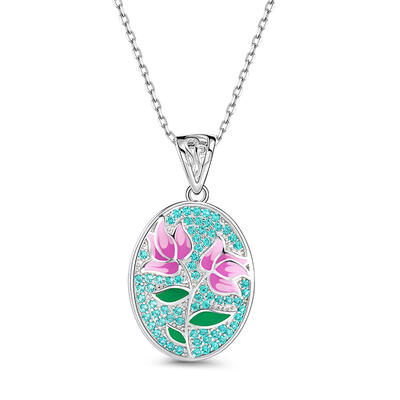 Jeulia "Twins" Flower Enamel Sterling Silver Necklace