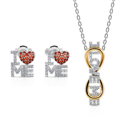 Jeulia "I Love Me" Round Cut Sterling Silver Jewelry Set