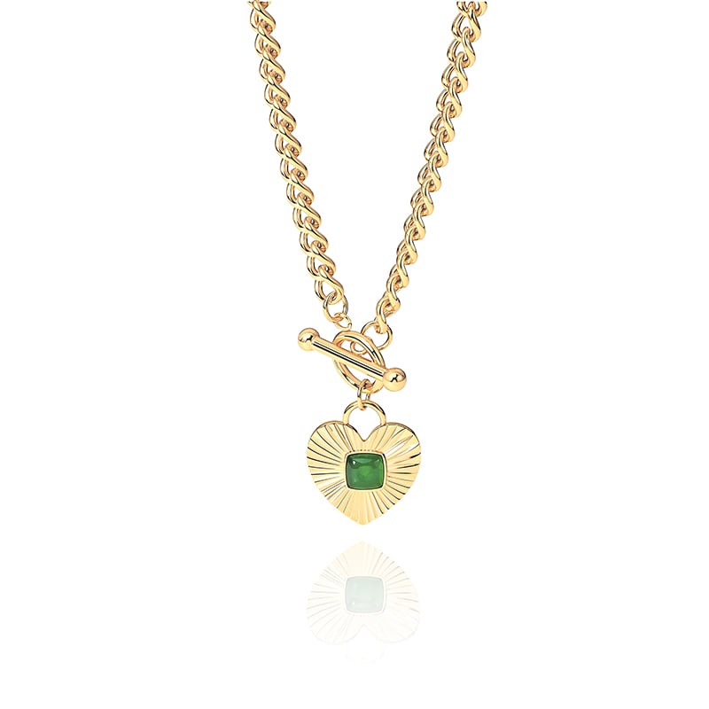 Jeulia Andy Style Gold Green Heart T-Bar Necklace