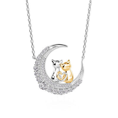 Jeulia Luna Astra Two Tone Cat and Moon Necklace