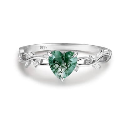 Jeulia Classic Nature Inspired Heart Moss Agate Ring