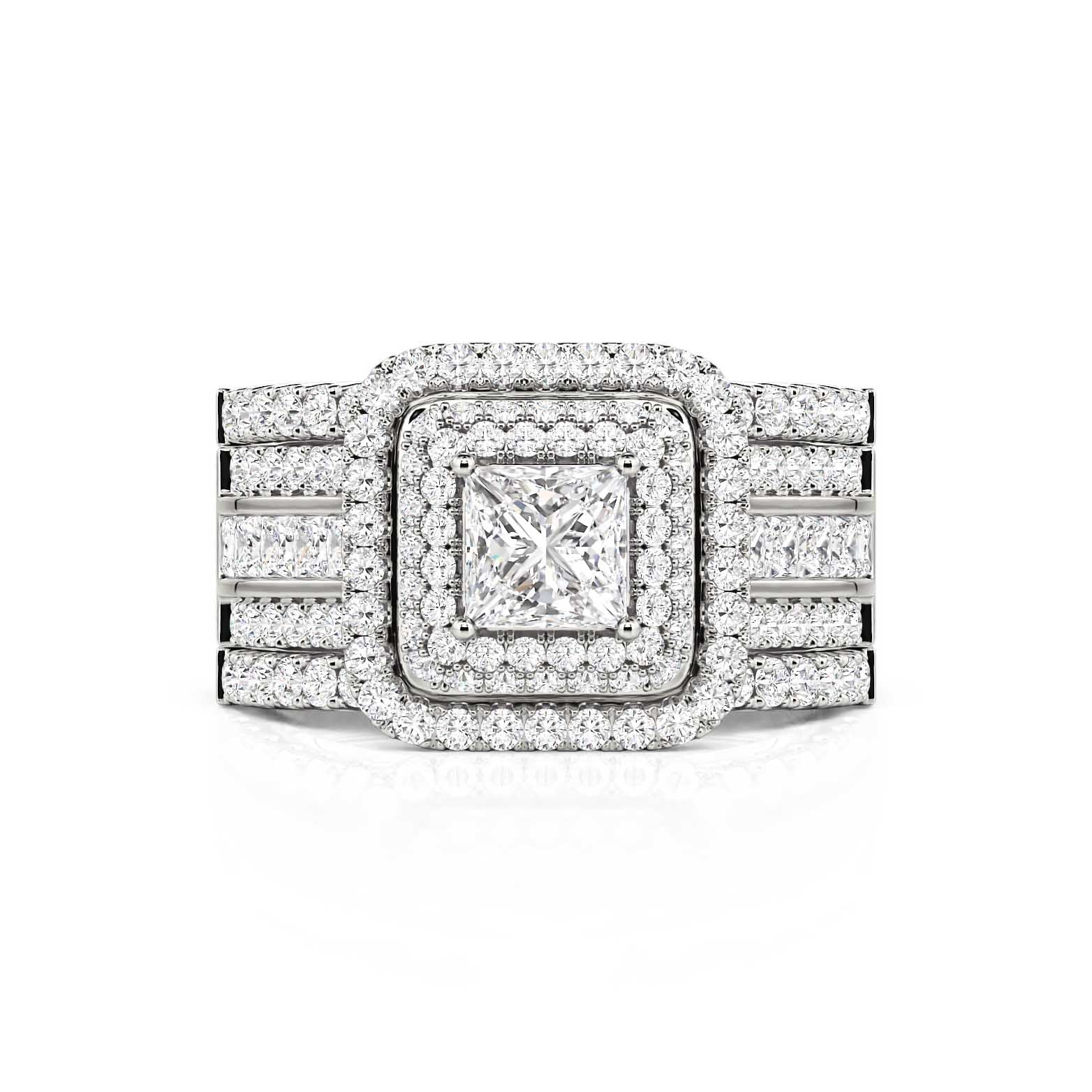 Jeulia Conjunto De Anillos Con Tres Halos De Talla Princesa En Plata De Ley