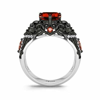 Jeulia Noir Torsadé Rubis Coeur Crâne Bague Argent Sterling