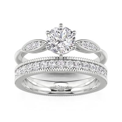 Jeulia Round Cut Engagement Ring and Milgrain Wedding Band Set