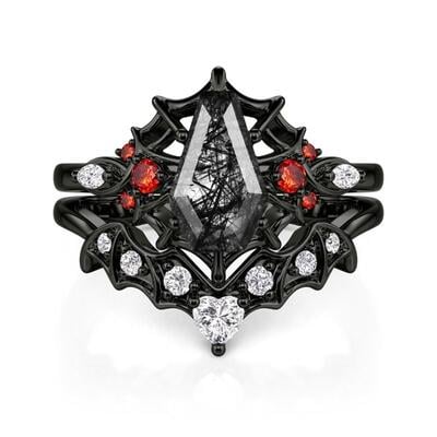 Jeulia Coffin Cut Black Rutilated Quartz Ring Set with Spider Web