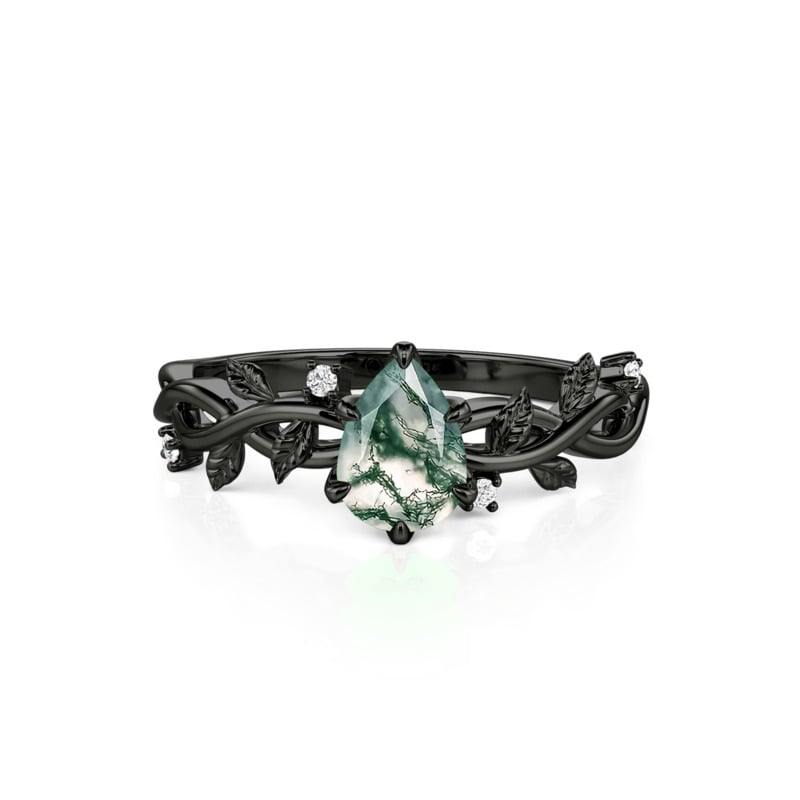 Jeulia Black Leaf Vine Pear Shaped Moss Agate Engagement Ring