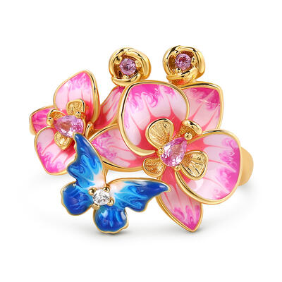 Jeulia "Butterfly Loves Flower" Phalaenopsis Orchid Enamel Sterling Silver Ring