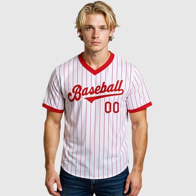 オーダーメイド可能 レッドピンストライプ チーム名 背番号 胸番号入り 名前 ロゴ 野球Tシャツ