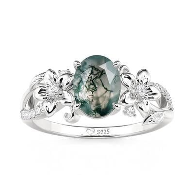 Jeulia Floral Twist Oval Moss Agate Engagement Ring