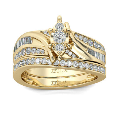 Jeulia Gold Tone Cluster Round Cut Sterling Silver Ring Set