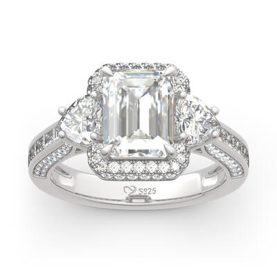 Jeulia Halo Three Stone Emerald Cut Sterling Silver Ring