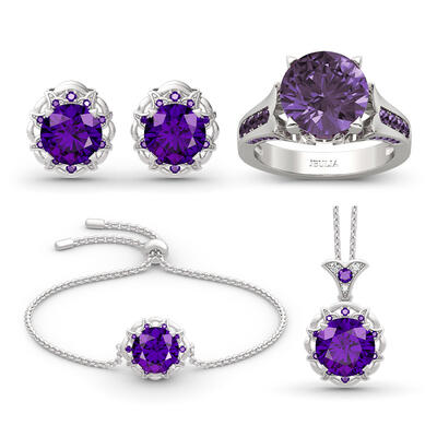 Jeulia Amethyst Flower Round Cut Sterling Silver Jewelry Set