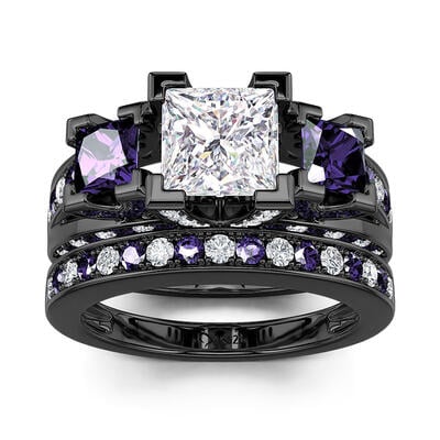 Jeulia Three Stone Princess Cut Sterling Silver Ring Set