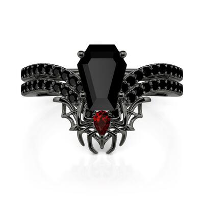Jeulia Gothic Black Spider Coffin Cut Engagement Ring Set