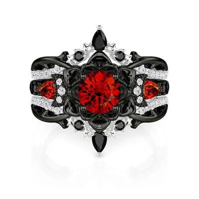 Jeulia Sacred Lotus Ring Set with Moon Star Motifs in Black
