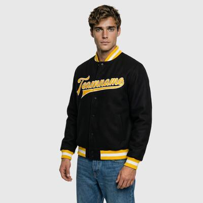 Custom Black Full-Snap Varsity Letterman Jacket Ideal for Everyday Casual Outings