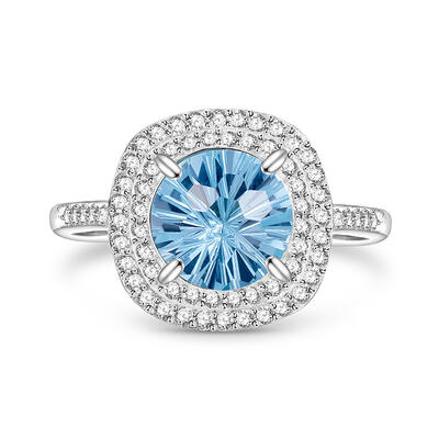 Jeulia Anillo de Compromiso Topacio Doble Halo Corte Fuegos Artificiales Plata de Ley