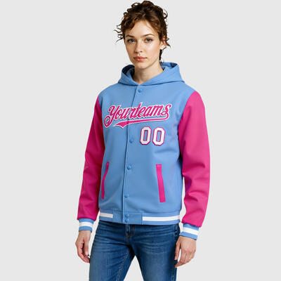 Custom Hoodie Jacket Light Blue Pink-White Bomber Full-Snap Varsity Letterman Two Tone Hoodie Jacket