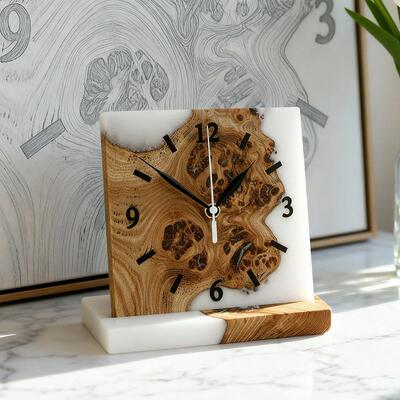 Handcrafted Resin-Wood Square Desk Clock | Modern Home Decor